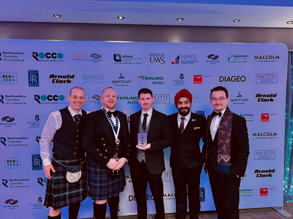 Solutions on Demand team accepting the ROCCO Award for Innovation and Technology 2025 at the annual business awards of the Renfrewshire Chamber of Commerce for the Connect platform.